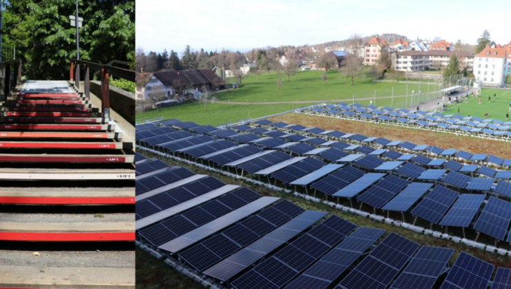 Die Klimatreppe (links) und die Solaranlage auf der HSG-Sporthalle sind zwei Projekte, die HSG-Studierende umgesetzt haben - nun lancieren sie das Format «Climate Education» für St.Galler Jugendliche.