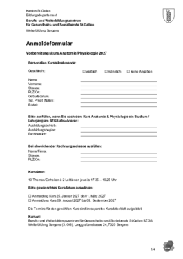 Anmeldung Grundlagen- und Vorbereitungskurs Anatomie-Physiologie Sargans