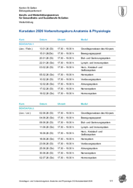 Grundlagen- und Vorbereitungskurs Anatomie-Physiologie St.Gallen Kursdatenblatt